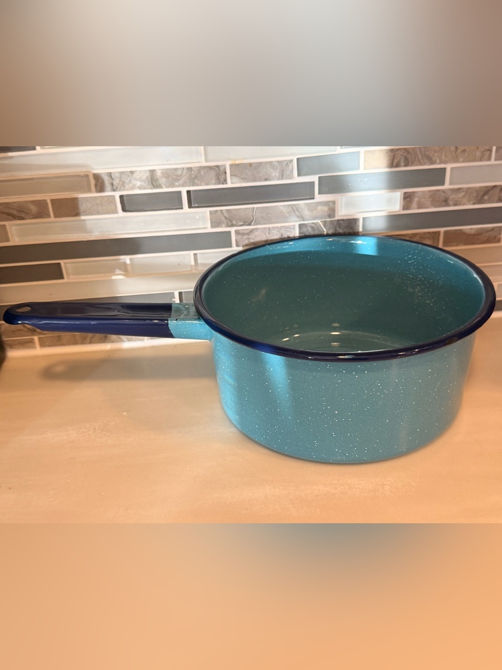 Vintage Blue And Navy Speckled Enamelware Handled Pot EUC